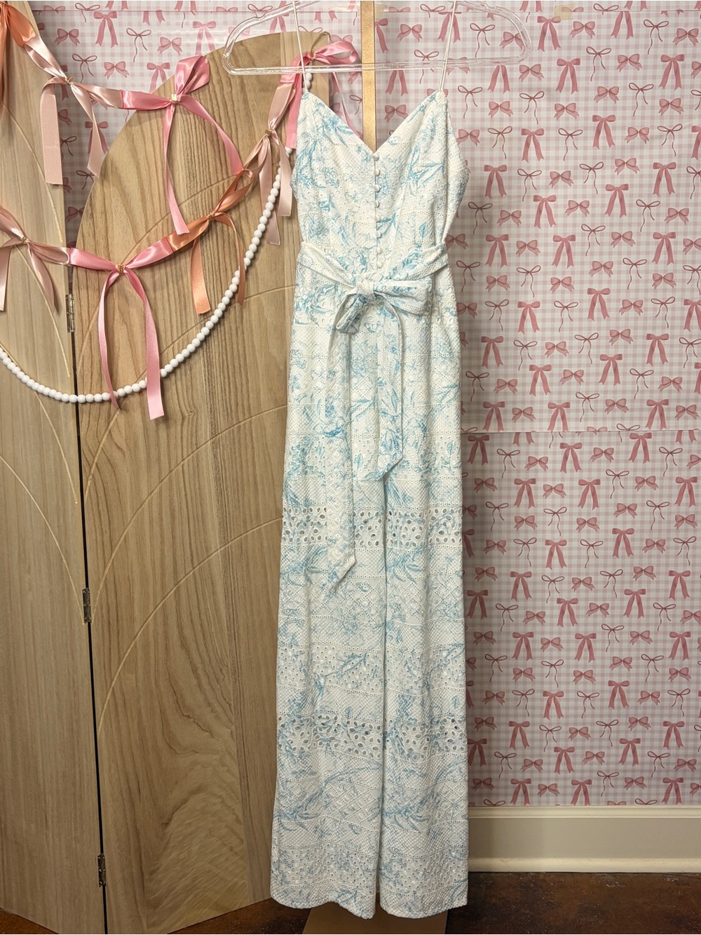 Alice + Olivia Shanti Blue & White Floral Toile Eyelet Wide Leg Jumpsuit XS 0/2